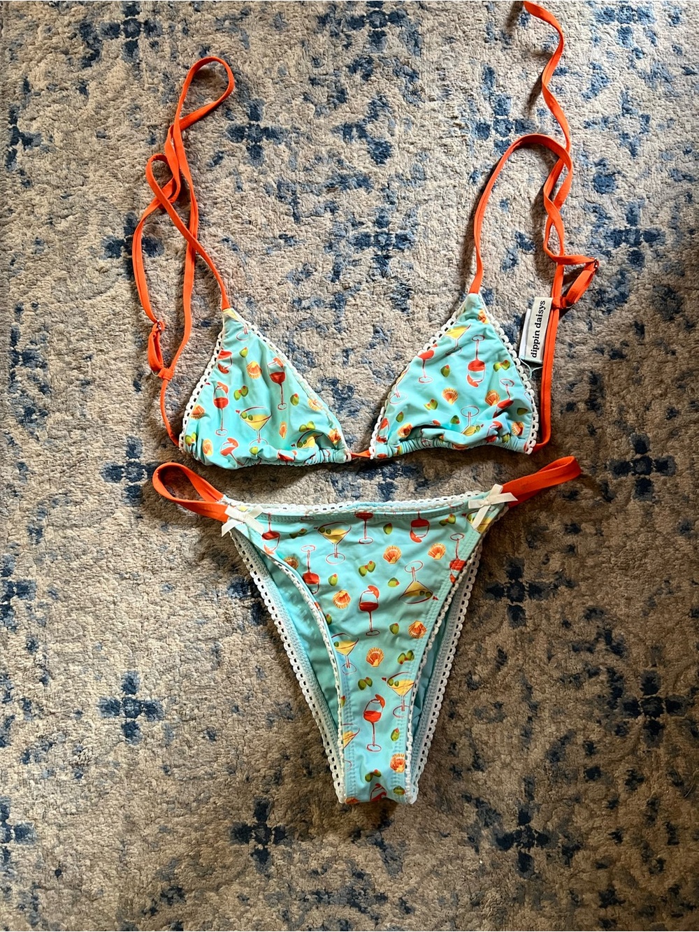 Dippin daisys Two-Piece Blue Tropical Print Bikini with Orange Straps